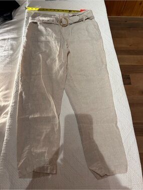 Tristan Beige Linen Belted Chino Pants